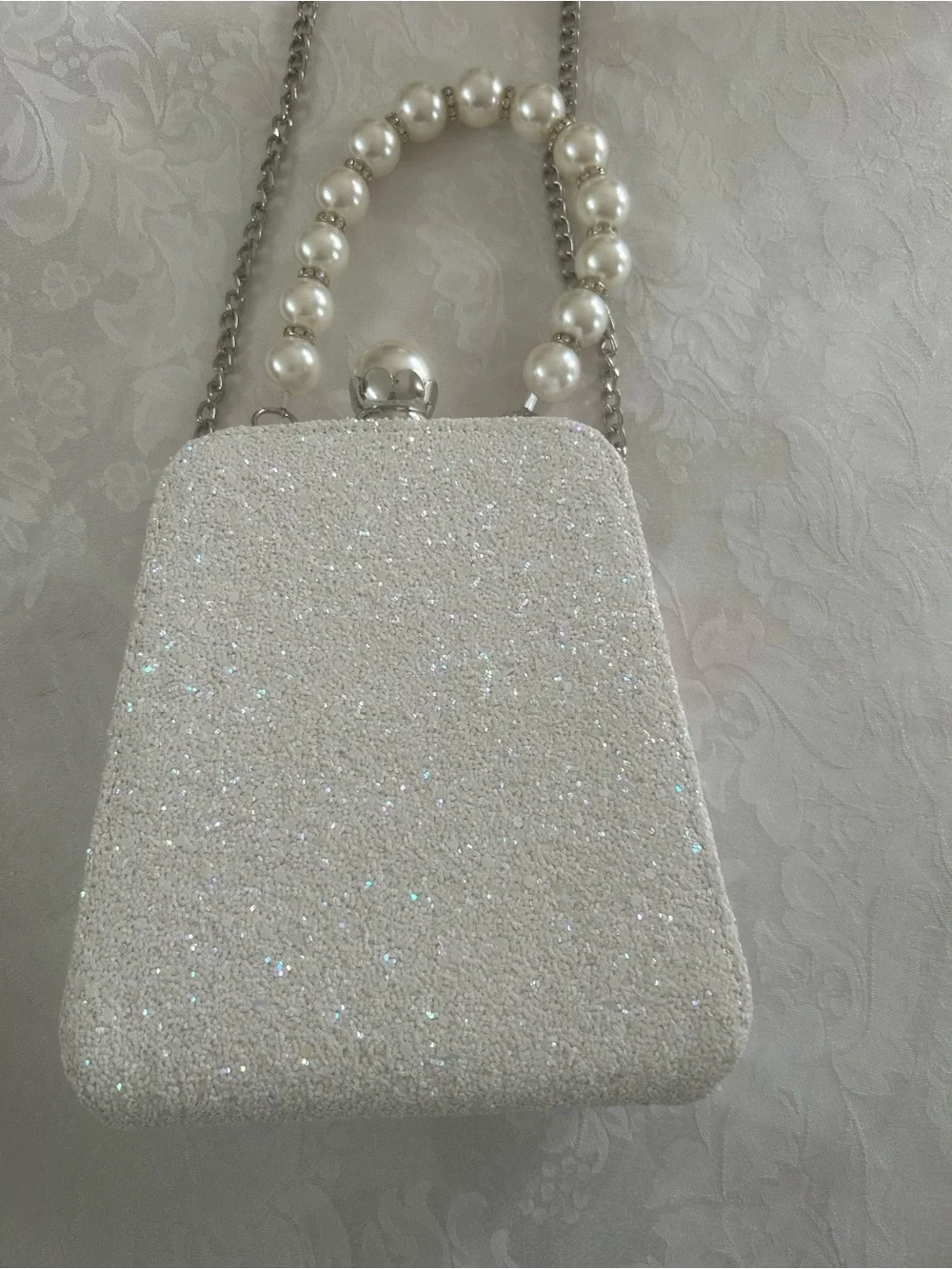 Nina Pearl-Embellished White Glitter Clutch